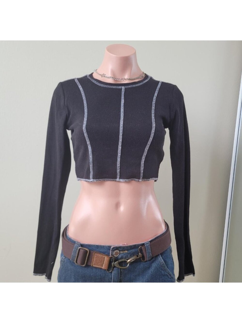 Garage Black Contrast Stitch Grunge Cropped Long Sleeve Tee (M)